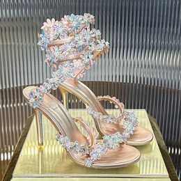 Women Champagne 3D Floral Rhinestone High Heel Sandals Stiletto Open Toe Ankle Wrap Crystal Wedding Bridal Party Heels Crystals Embellished stiletto Heels sandals