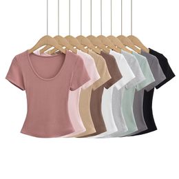Women's Fitted Cropped Stretchy Sexy Short Sleeve T-Shirt Solid Color Basic Ribbed Knit Top cotton spandex