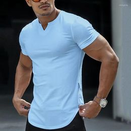 CNLONGBIDA Men's T Shirts Casual Slim Fit Sports Shirt Mens Summer Short Sleeve V Neck Skinny Stretch Tees Leisure Men Clothes Streetwear Pullover Tops