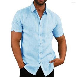 CNLONGBIDA Men's Casual Shirts Cotton Linen Men's Short-Sleeved Summer Solid Color Turn-down Collar Beach Style Plus Size