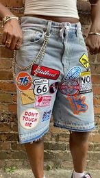Men's Shorts Retro Patchwork Denim Men Harajuku Hip Hop Cartoon Embroidery Blue Baggy Fitness Casual Knee Length Short