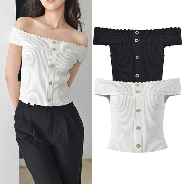 Short Sleeve French Elegant Ruffle Off-Shoulder Knit Sweater Top for Women Slimming Summer New Arrival