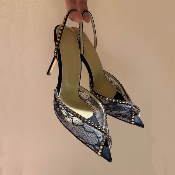 Top quality rhinestone Embellished stiletto High heel sandals Peep Toes Pointed toe mesh sandals Slingbacks heels Luxury designer Evening Wedding Dress Shoes 9.5cm
