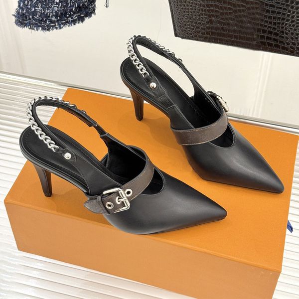 Luxury Designer women new buckle high heels Personality Pointed toe Evening shoes Back Strap sandals Dress shoes fashion Office women's kittens heel 5.5cm 9.5cm