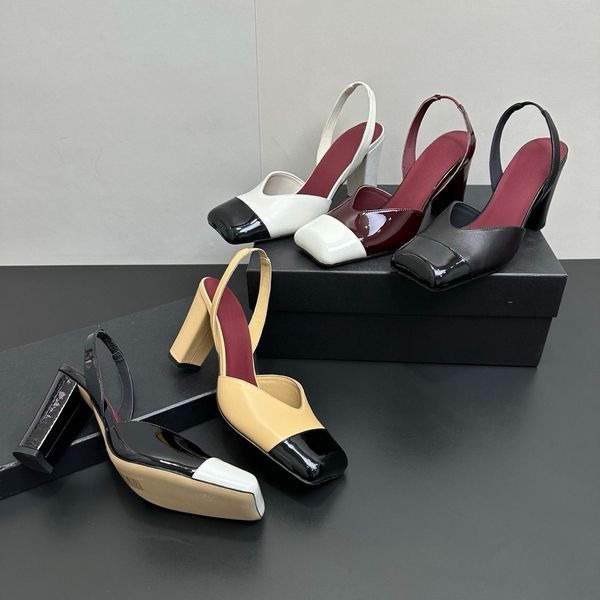 Square Toe Patent Leather Chunky Heel Slingback Luxury designer women slip on leather dress shoes Fashion simple spring sandals Elegant ladies evening shoes