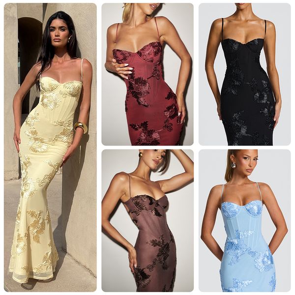 European and American autumn new three-dimensional embroidery backless cross tie long skirt exquisite floral embroidery banquet dress