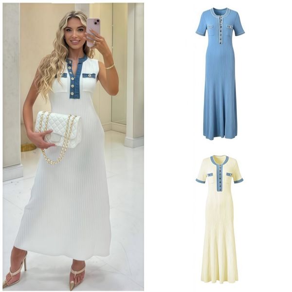 Casual Dresses Women's Elegant Knit Midi Dress, Contrast Blue Trim O-Neck Short Sleeve Bodycon Dress, Button Decor Casual Office Mermaid Long Dress