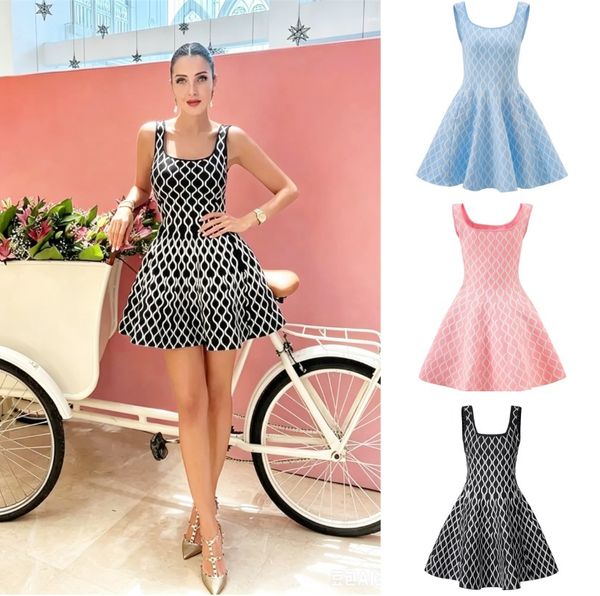 Contrast Color Water Ripple Casual Dresses Women Fashion Plaid Side Pocket Knitted Mini Dress Elegant Backless Sleeveless Pleated A-line 2026 Party Sexy Robes