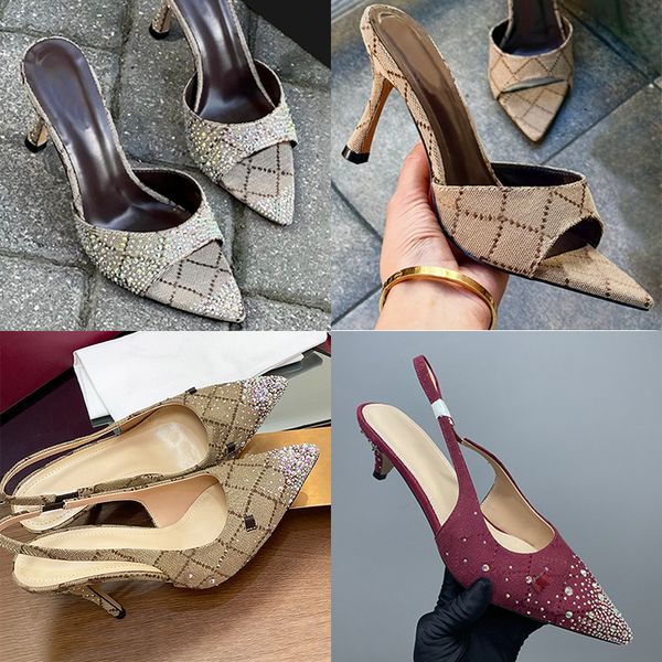2026 Designer Crystals Mules Womens Heels Canvas Slippers Slingback Shoes Leather Sandals Summer Sling Back Heel Party Dress Shoes 688