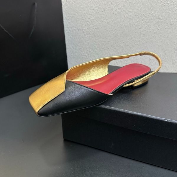 Square Toe Genuine Leather Color Blocking Slingback Shoes Luxury designer women slip on flat sandals Fashion simple ladies chunky heel dress shoes Factory Footwear