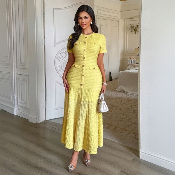 Elegant Women's Casual Knit Long Dress Short Sleeve Button Closure Waist Slimming Neck Decor