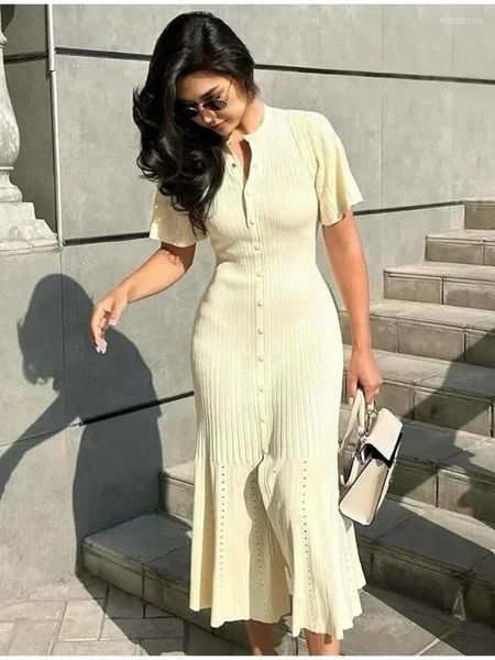 Casual Dresses Women Elegant Knitted Long Dress O Neck Solid Short Sleeved Button High Waist Split Female Fashion Gown