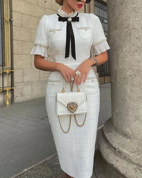 Casual Dresses Women Dress Elegant Round Neck Short Sleeves Bow Ruffle Hem Beaded Fashion High Street Fairycore White
