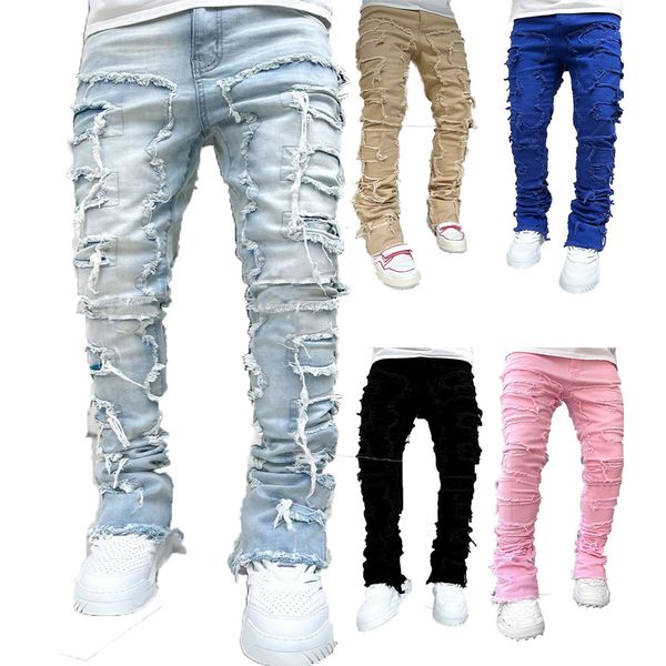 CNLONGBIDA Men's Jeans Stacked Pants Hirigin Regular Fit Patch Distressed Destroyed Straight Denim Pants Streetwear Clothes Casual Jean