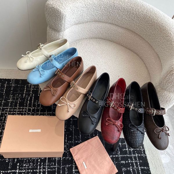 Sheepskin Round-toe Bow ballet flats shoes With buckle strap Bowtie Mary Jane shoes flats heel Dress shoes womens Luxury designer ballet shoes With box