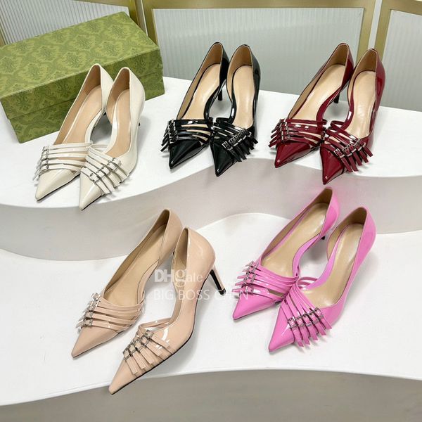 High quality Patent leather slingback sandals with buckle Kitten heels Dress shoes womens Stiletto heels Luxury designer heeled Evening wedding Office shoes 6.5cm
