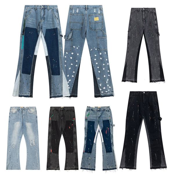Mens Designers Flared Jeans Hip Hop Spliced Flared Jeans Distressed Ripped Slim Fit Denim Trousers Mans Streetwear Washed Pants Size S-XL