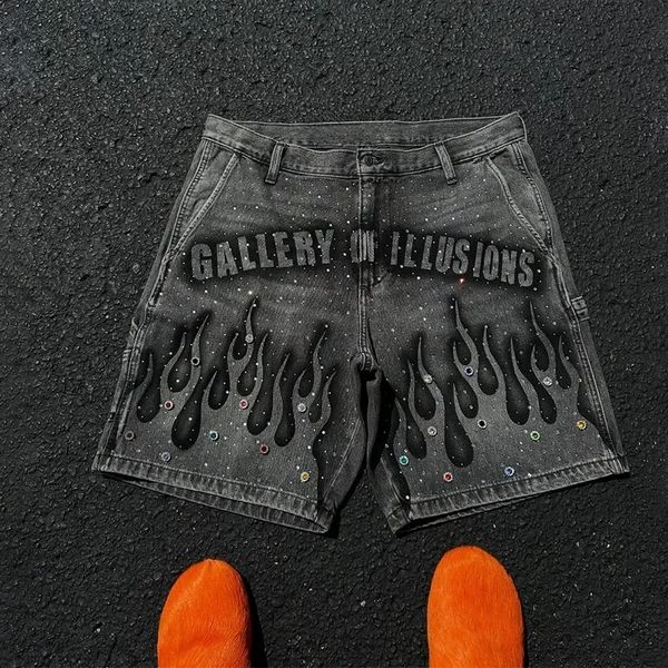 Men's Y2K Fashion Distressed Jeans Retro Rhinestone Flame Pattern Printing Casual Washed Denim Shorts Men Women High Waist Hip Hop Streetwear Designer