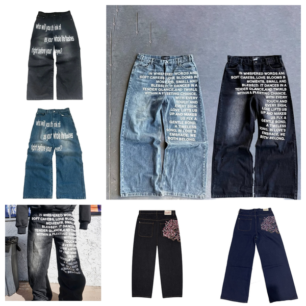 Men's Jeans Y2K Men Vintage American Pattern Letter Streetwear Derschutze Plum Blossom Embroidery Gothic Harajuku Hip Hop Women Fashion Casual Wide Leg