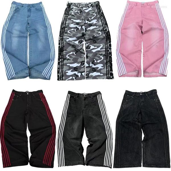 Men's Jeans Y2K Baggy High Quality Embroidered Striped Harajuku Sweatpants Hip Hop Unisex Casual Wide Leg Denim Pants Streetwear
