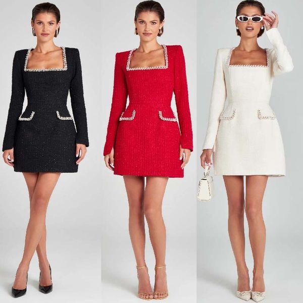 French-style elegant Elegant Slimming Long Sleeve Beaded Chanel Style Dress for Women