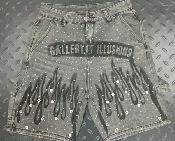 Men's Jeans Y2K Vintage Distressed Flame Pattern Rhinestone Decoration High Waist Denim Shorts Fashion Men Women Hip Hop Streetwear