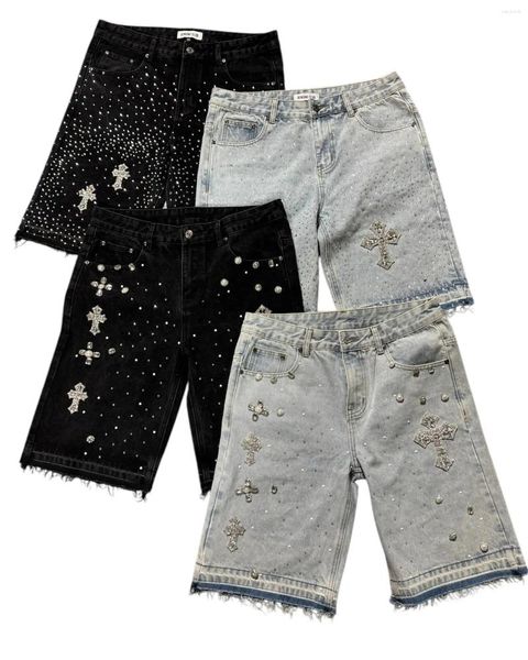 Men's Jeans Hrajuku Casual Hip Hop Gothic Cross Diamond Embroidery Sweatpants Print Shorts And Pants Men Pattern Wide Leg Y2k