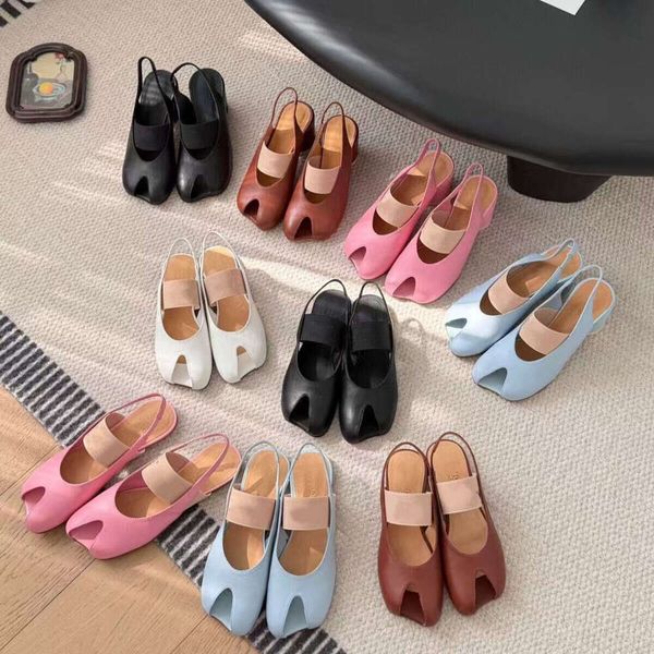 High quality genuine Leather open toes Mary Jane Ballet loafers ballerina Chunky Heel Flat dress Boat Luxury m6 tabi designer shoe woman Blue pink sandal girl shoe
