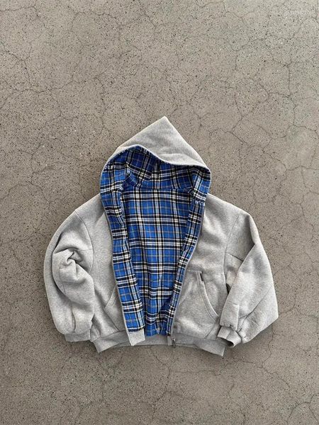 Men's Hoodies Casual Spring Oversized Reversible For Men Street Clothes Hoodie With Plaid Lining Solid Color Sweatshirt Streetwear