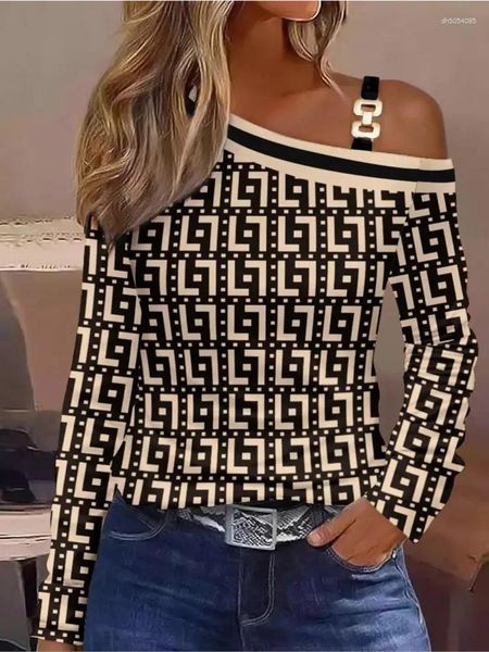 Women's T Shirts Autumn Fashion Long Sleeve Women Sexy Off Shoulder Top Spring Elegant T-shirt Print Casual Tops Female