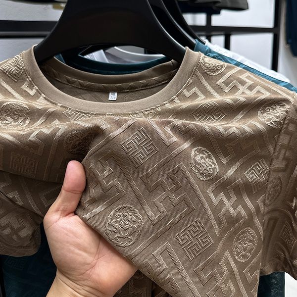 Men's T Shirts High End Brand Fashion Printed Short Sleeve T-shirt Men Summer Ice Silk Plaid Round Neck Casual Breathable Top