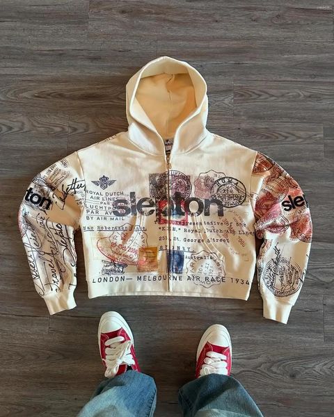 Men's Hoodies American Retro Letter Print Zipper Hoodie Women Trendy Casual Oversized Sweatshirt Men Hip-hop Punk Harajuku Streetwear designer