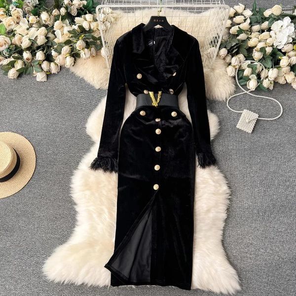 Casual Dresses Autumn Elegant V-Neck Velvet Dress Women Long Sleeve Fashion Metre Buttons Split Sheath Bodycon Office Party Pencil Vestidos