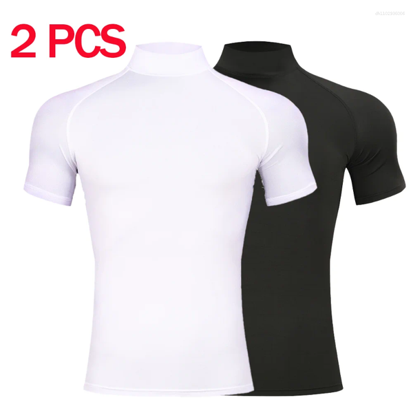Men's T Shirts 2Pcs Mens Compression T-shirt Summer Bodybuilding Sports Tight Turtleneck Short Sleeve Gym Quick Dry Running Male Workout Top