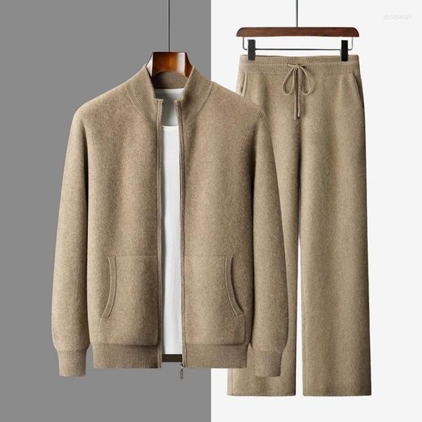 Men's Tracksuits CHICUU Autumn Winter Thick Cashmere Set Mock Neck Zipper Cardigan Wide Leg Pants Smart Casual Sweater