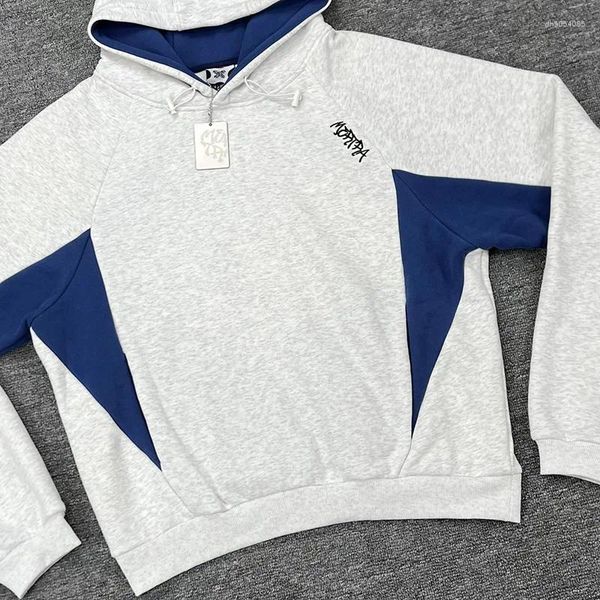 Men's Hoodies Gray Blue Color Patchwork Casual Men Women 1:1 Quality Logo Embroidery Oversized Hooded Pullovers