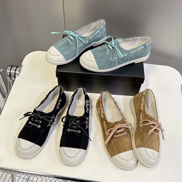 Top quality new Letter Chain Suede womens Loafers silp on shoes Flat dress shoes Luxury designer shoes womens Driving Vacation shoes Lady Brown and black