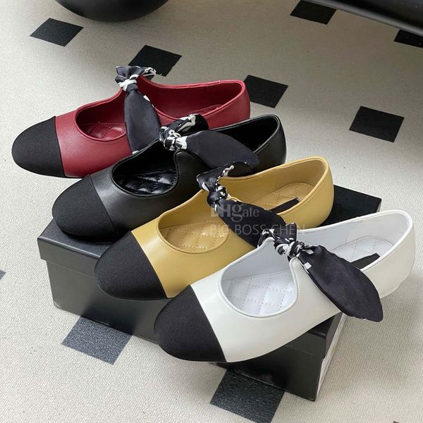 top quality real Leather Letter Bowtie Round-toes Mary Jane shoe Ballet flats with strap ballerina Flat loafers Boat shoes Luxury designer shoes womens Walking shoes