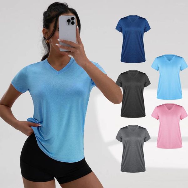 Women's T Shirts Women V Neck Running Sports Shirt Summer Short Sleeve Breathable Stretchy Gym Yoga Slim Fitness Active Top