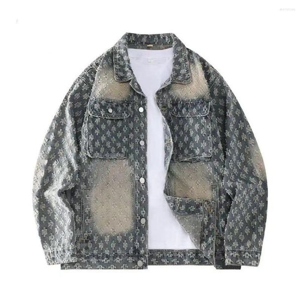 Men's Jackets American Vintage Embossed Distressed Denim Jacket Single Breasted Cotton Spring Autumn Couple High-end Cool Loose Casual