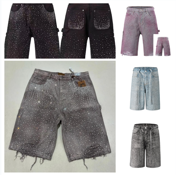 Blackicon Men's Shorts Streetwear Couple Vintage Rhinestone Sequined Denim Cowboy Hip Hop Loose Sport Casual