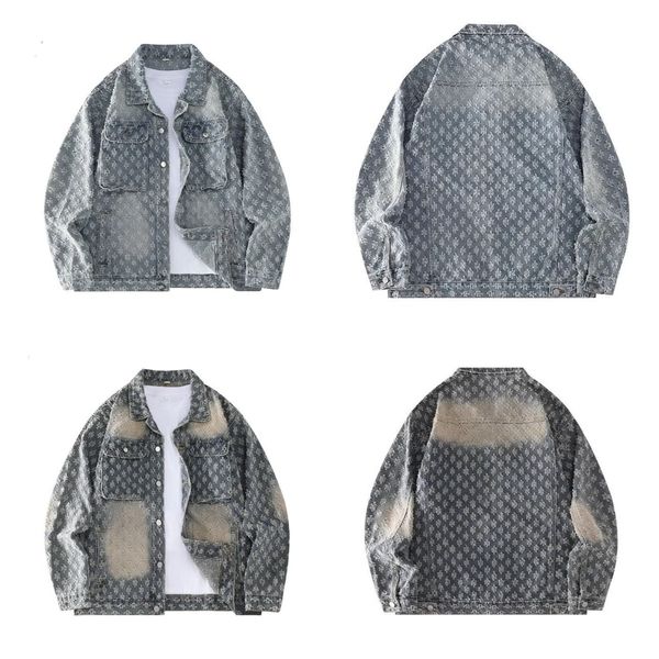 Men's Denim Washed Jacket Jacquard Pattern High street Loosen Fit Vintage design Coats COTTON Jackets Tops Males Casual Winter Clothes Asian Size M-3XL