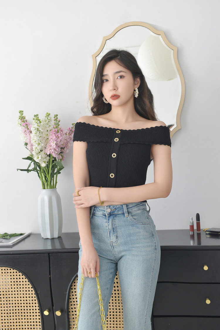 Short Sleeve French Elegant Ruffle Off-Shoulder Knit Sweater Top for Women Slimming Summer New Arrival